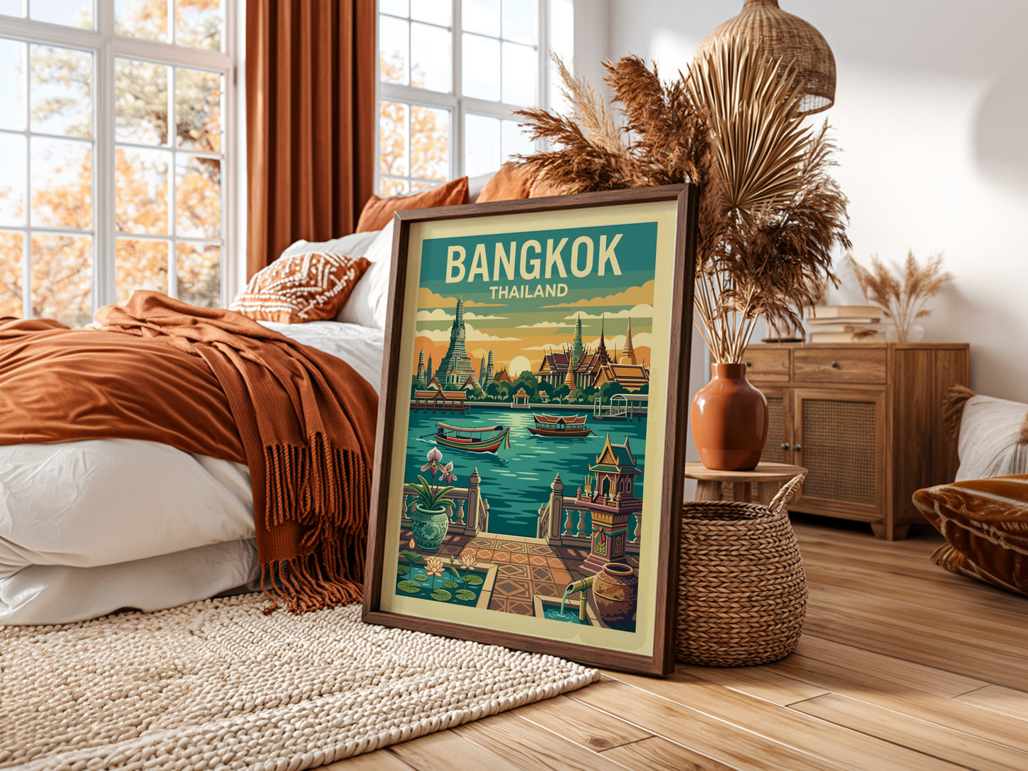 Retro Bangkok Thailand travel poster featuring temples and a river, with a warm color palette.