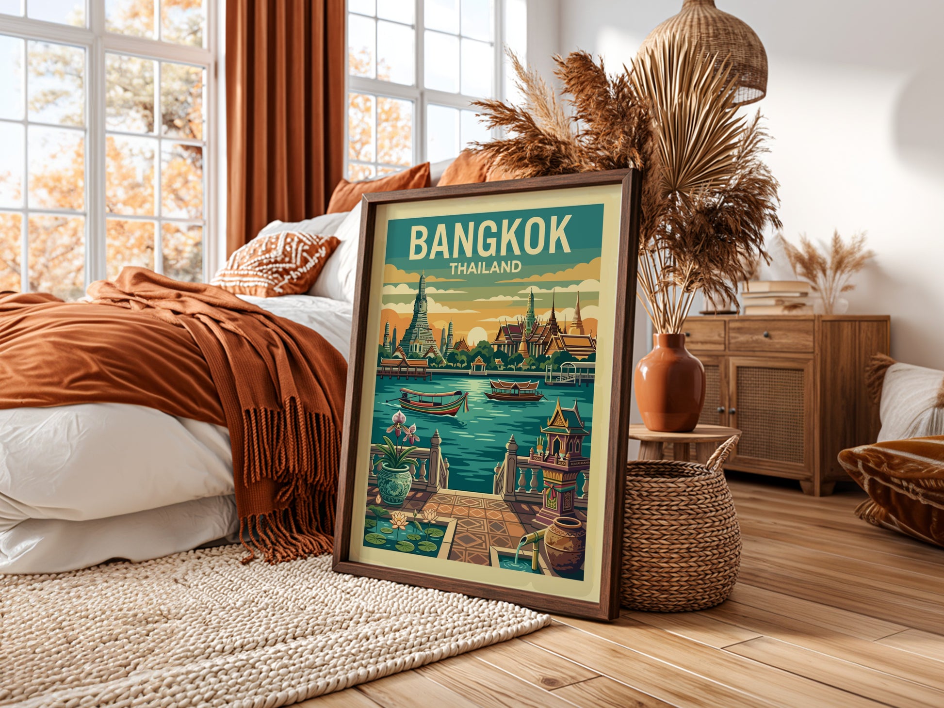 Retro Bangkok Thailand travel poster featuring temples and a river, with a warm color palette.