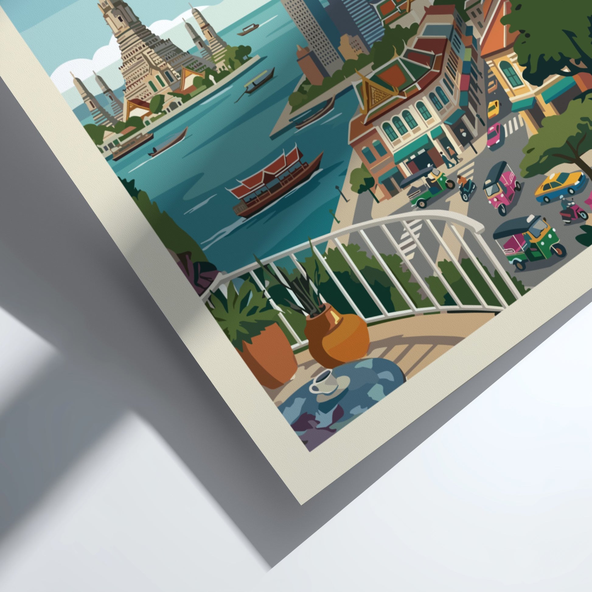 Stylized Bangkok travel poster featuring Wat Arun and city skyline in a vintage art style with a warm color