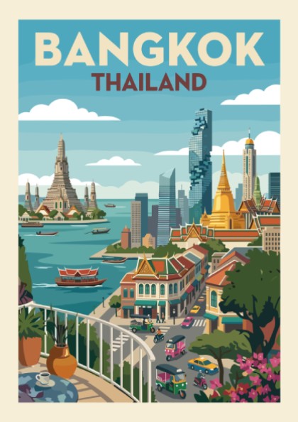 Stylized Bangkok travel poster featuring Wat Arun and city skyline in a vintage art style with a warm color