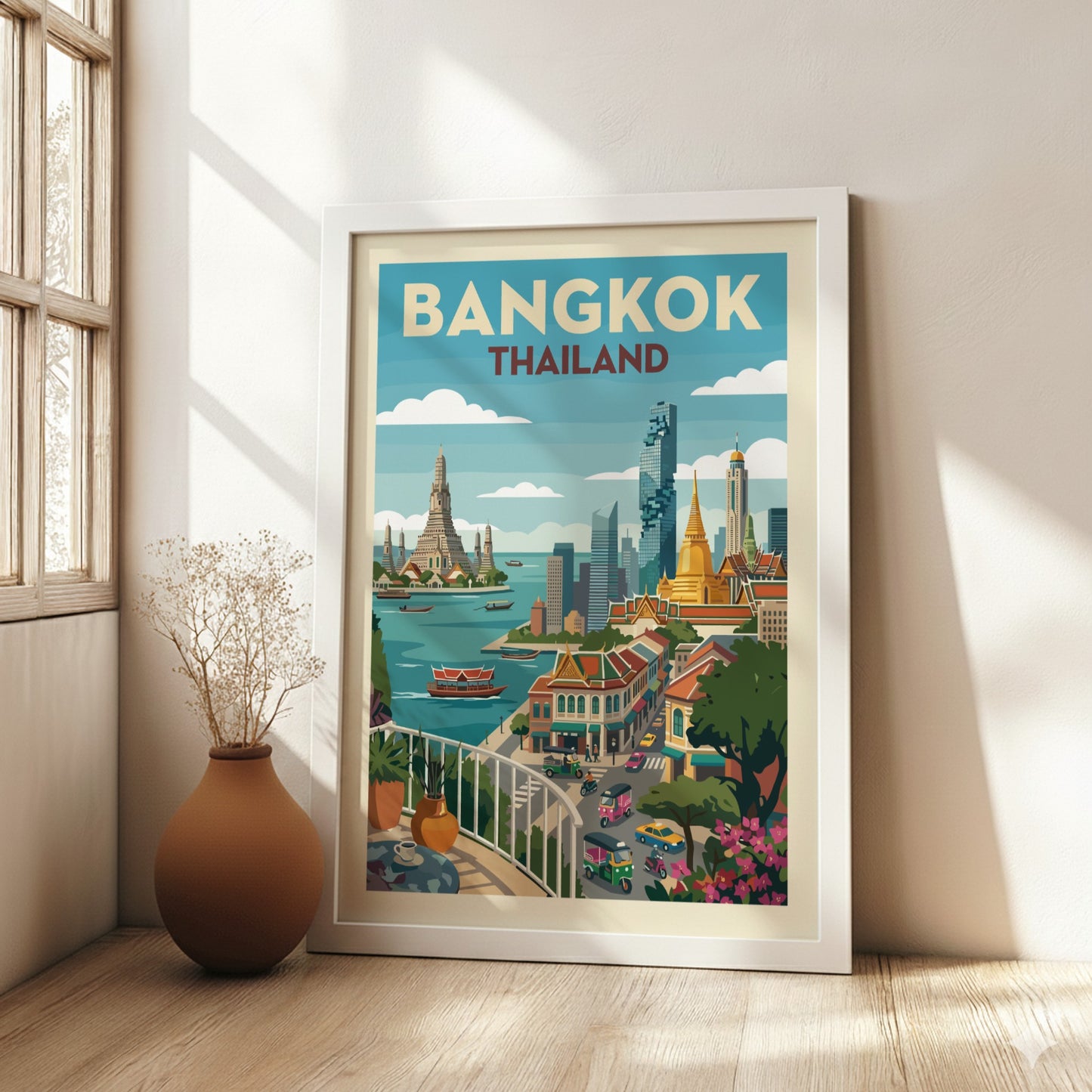 Stylized Bangkok travel poster featuring Wat Arun and city skyline in a vintage art style with a warm color