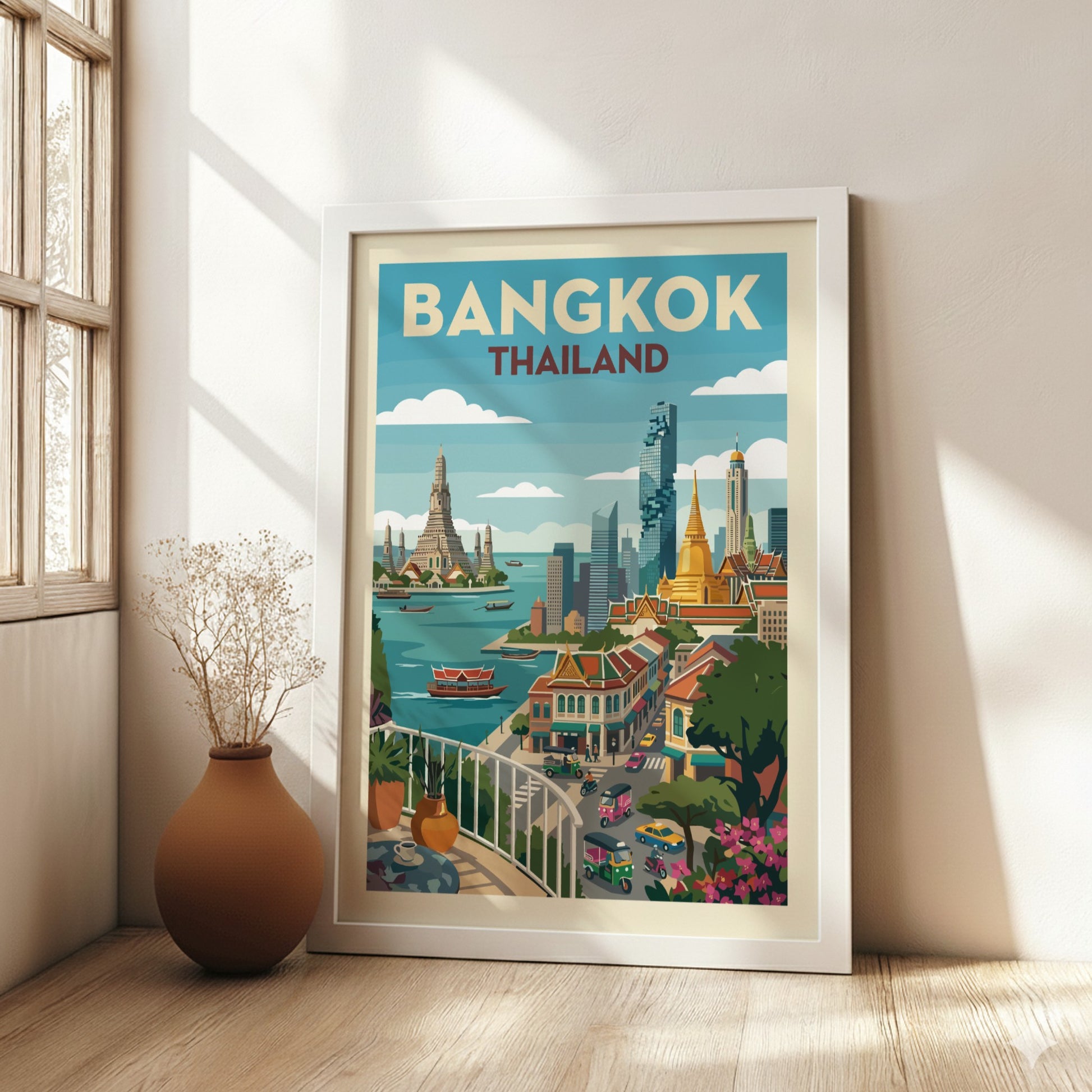 Stylized Bangkok travel poster featuring Wat Arun and city skyline in a vintage art style with a warm color