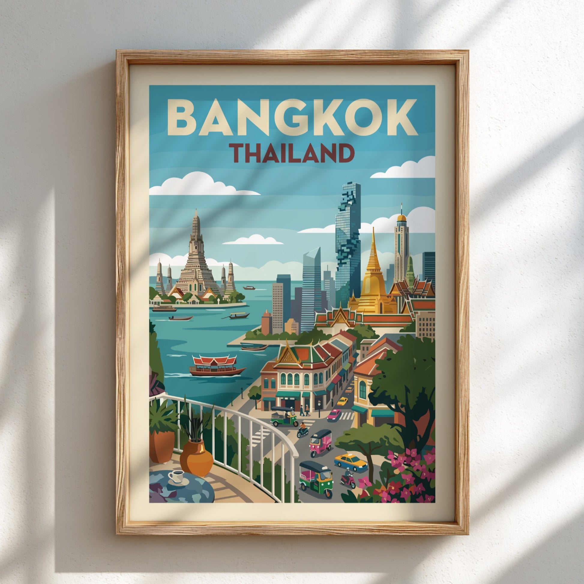 Stylized Bangkok travel poster featuring Wat Arun and city skyline in a vintage art style with a warm color