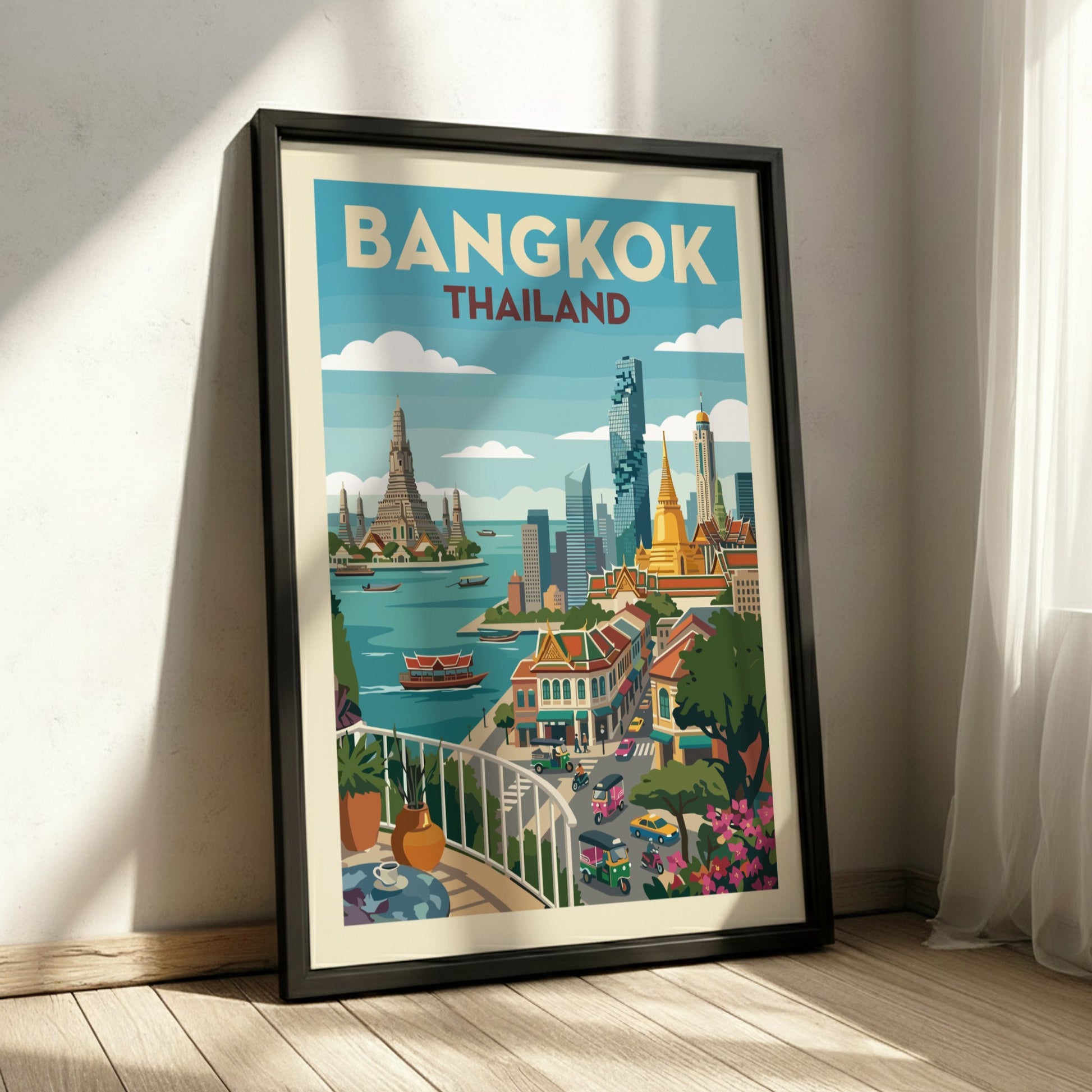 Stylized Bangkok travel poster featuring Wat Arun and city skyline in a vintage art style with a warm color