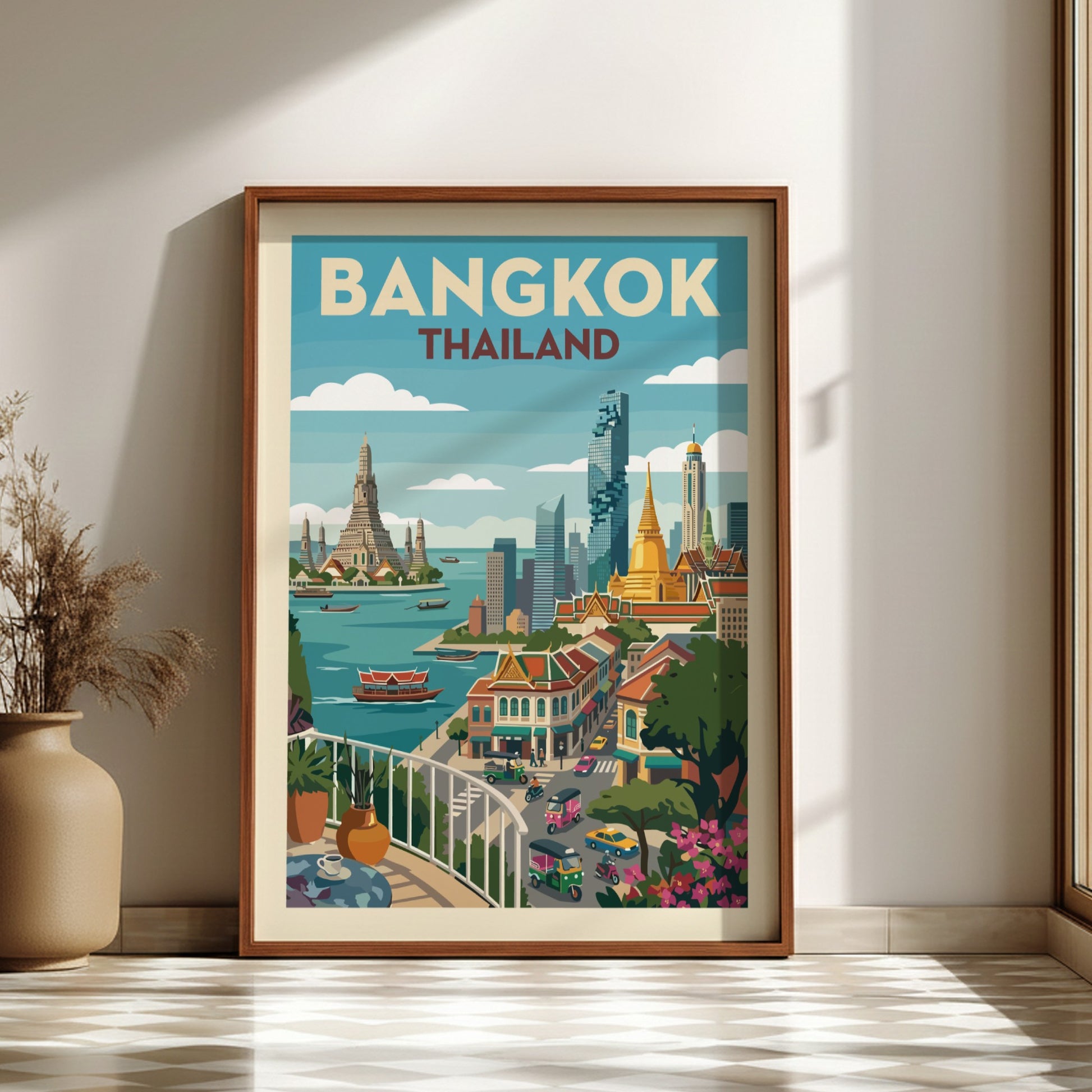 Stylized Bangkok travel poster featuring Wat Arun and city skyline in a vintage art style with a warm color