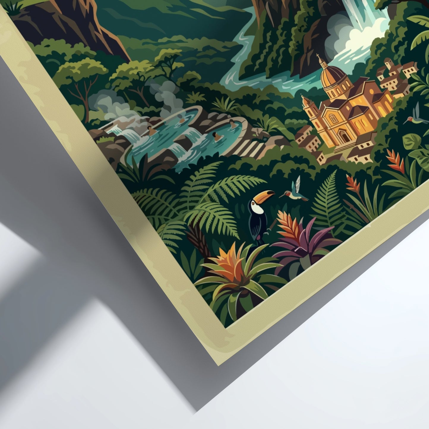 Travel poster of Baños de Agua Santa Ecuador featuring a volcano, waterfall, and swing.