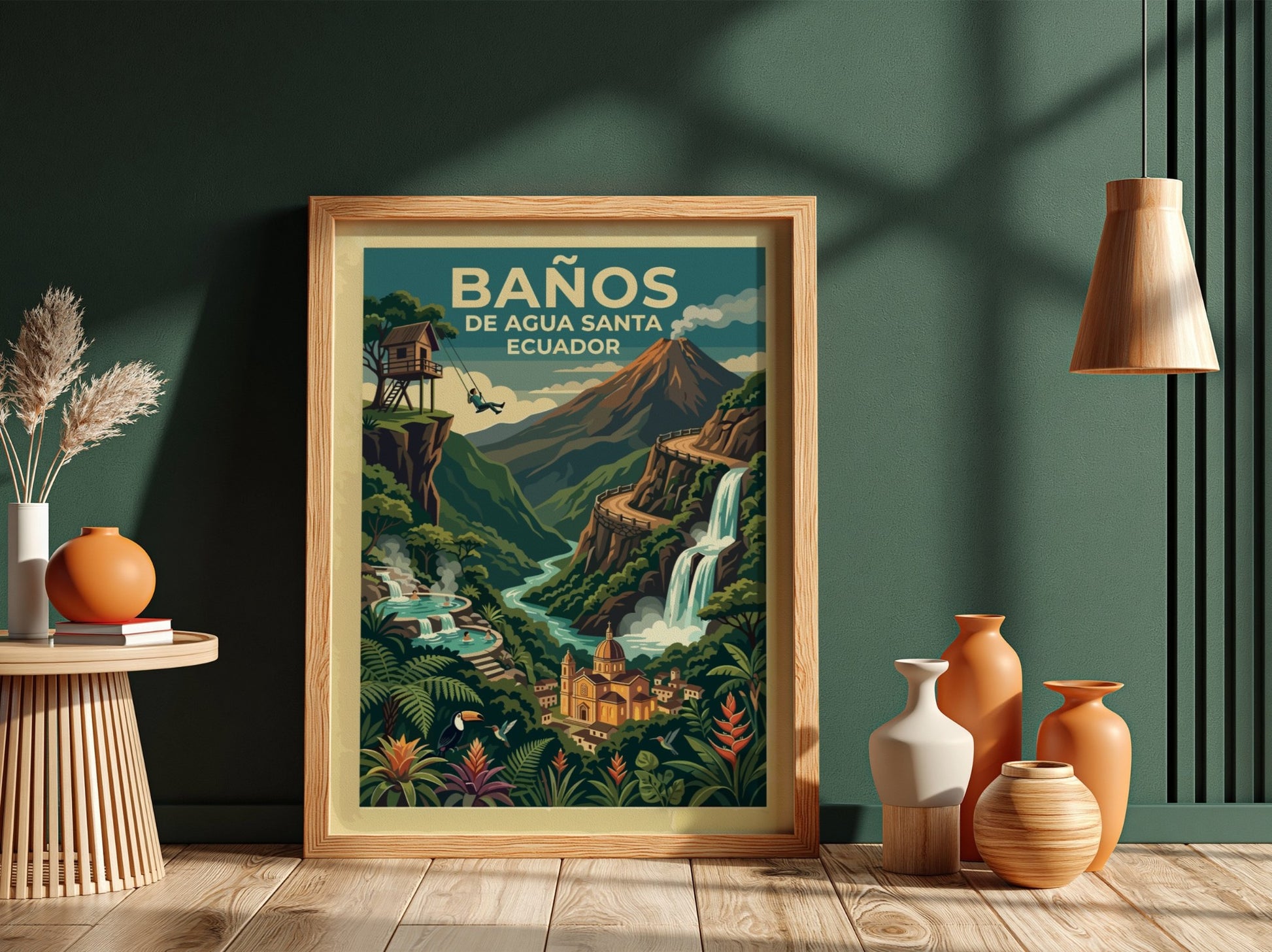 Travel poster of Baños de Agua Santa Ecuador featuring a volcano, waterfall, and swing.