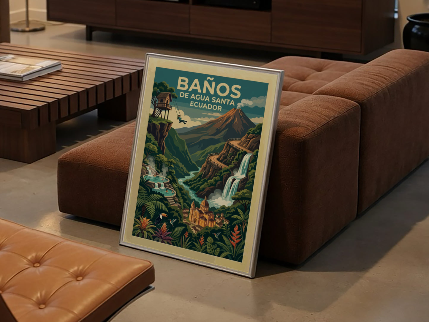 Travel poster of Baños de Agua Santa Ecuador featuring a volcano, waterfall, and swing.