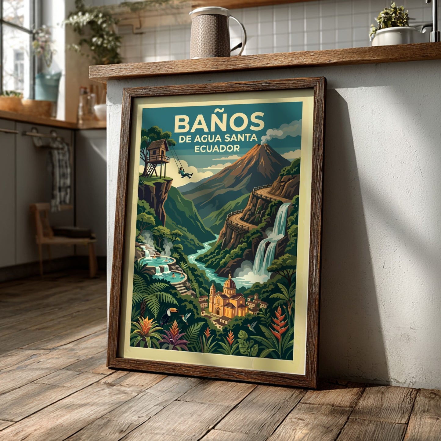 Travel poster of Baños de Agua Santa Ecuador featuring a volcano, waterfall, and swing.