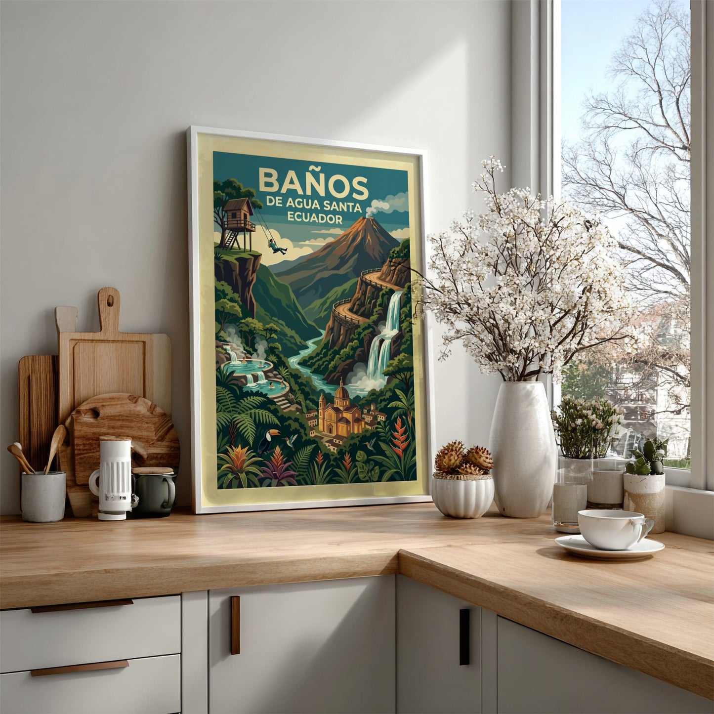 Travel poster of Baños de Agua Santa Ecuador featuring a volcano, waterfall, and swing.