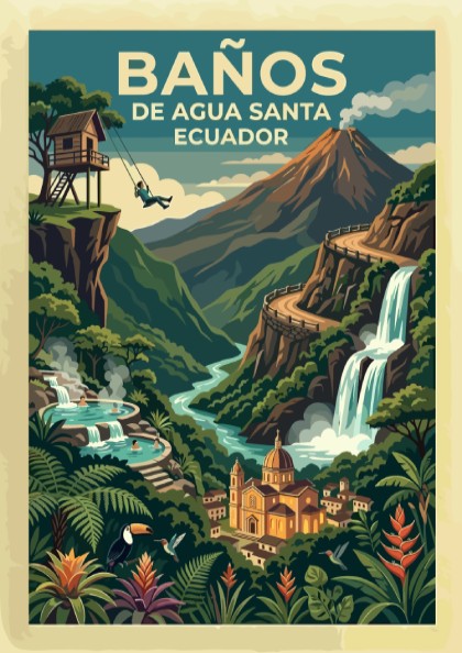Travel poster of Baños de Agua Santa Ecuador featuring a volcano, waterfall, and swing.
