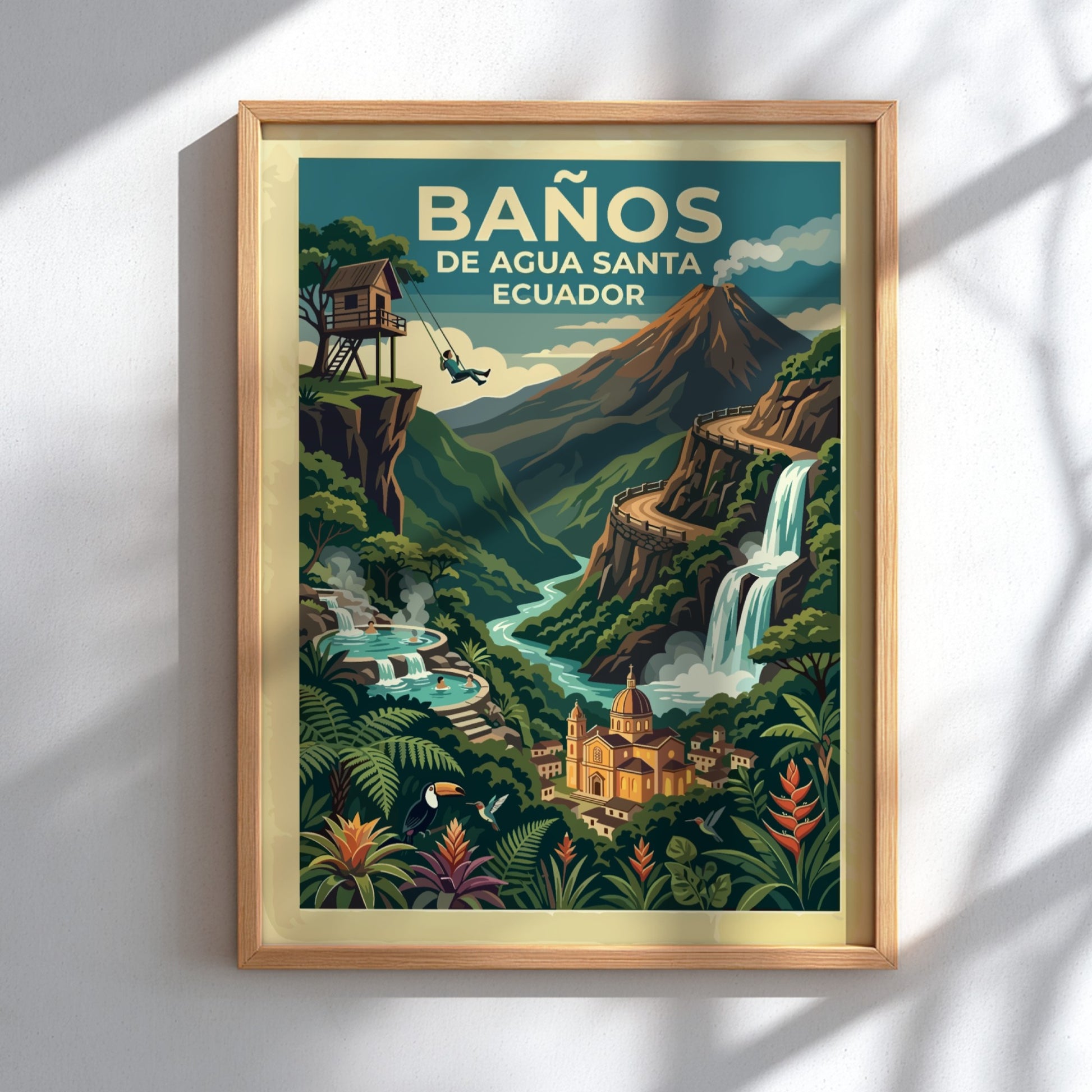 Travel poster of Baños de Agua Santa Ecuador featuring a volcano, waterfall, and swing.