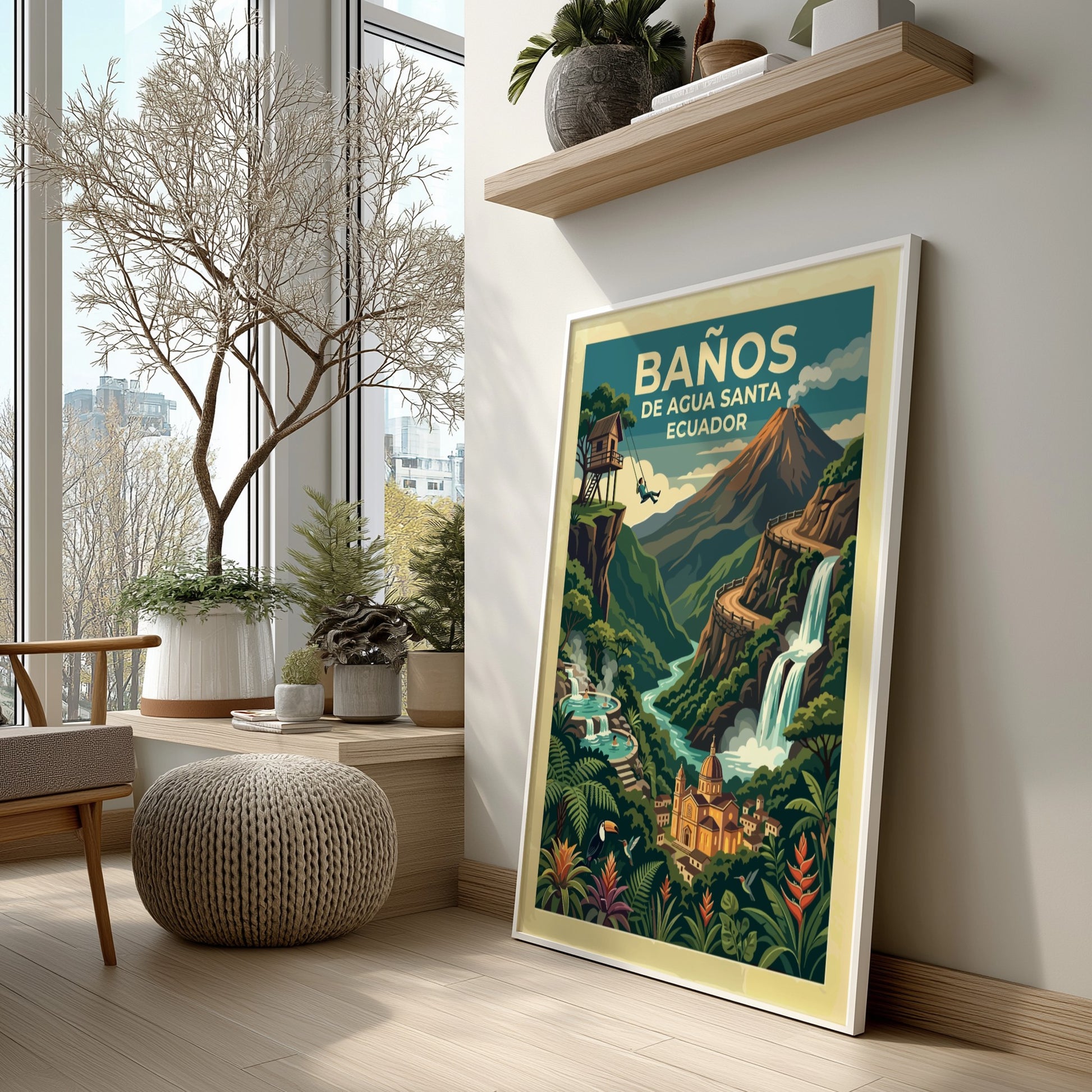 Travel poster of Baños de Agua Santa Ecuador featuring a volcano, waterfall, and swing.