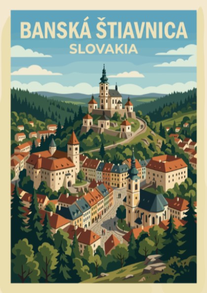 Poster of Banská Štiavnica Slovakia showing a historic town nestled in green hills