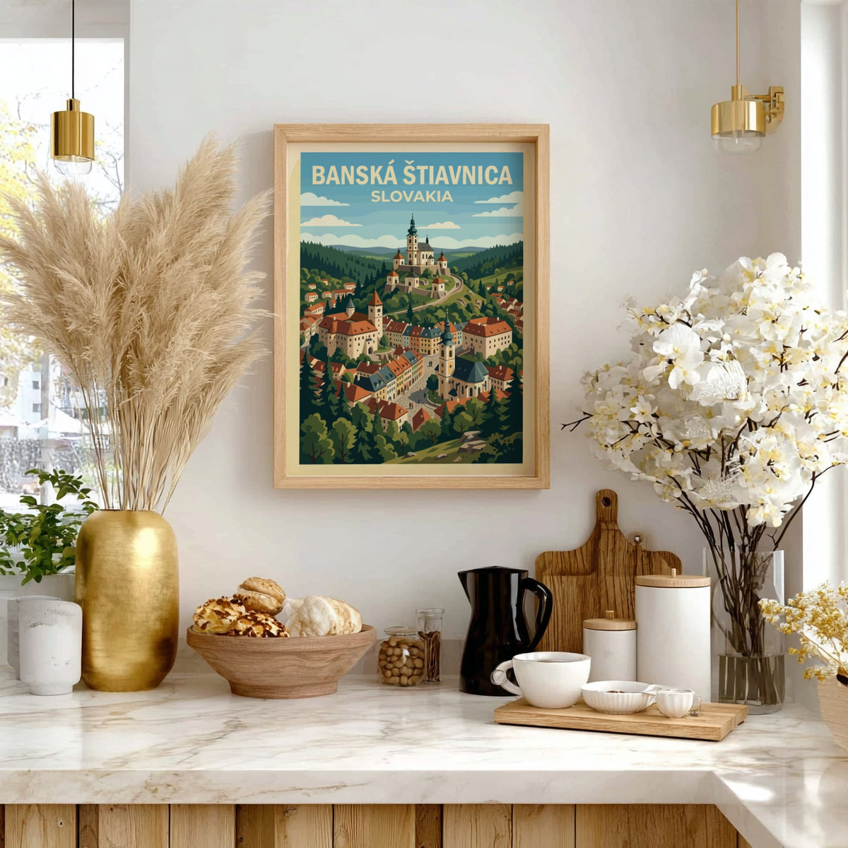 Poster of Banská Štiavnica Slovakia showing a historic town nestled in green hills