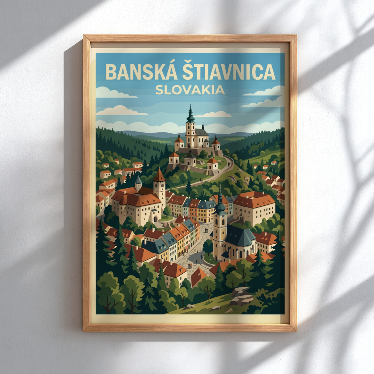 Poster of Banská Štiavnica Slovakia showing a historic town nestled in green hills