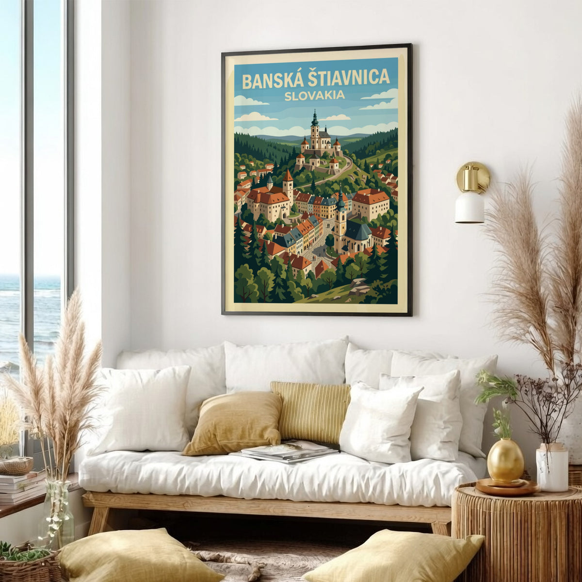 Poster of Banská Štiavnica Slovakia showing a historic town nestled in green hills