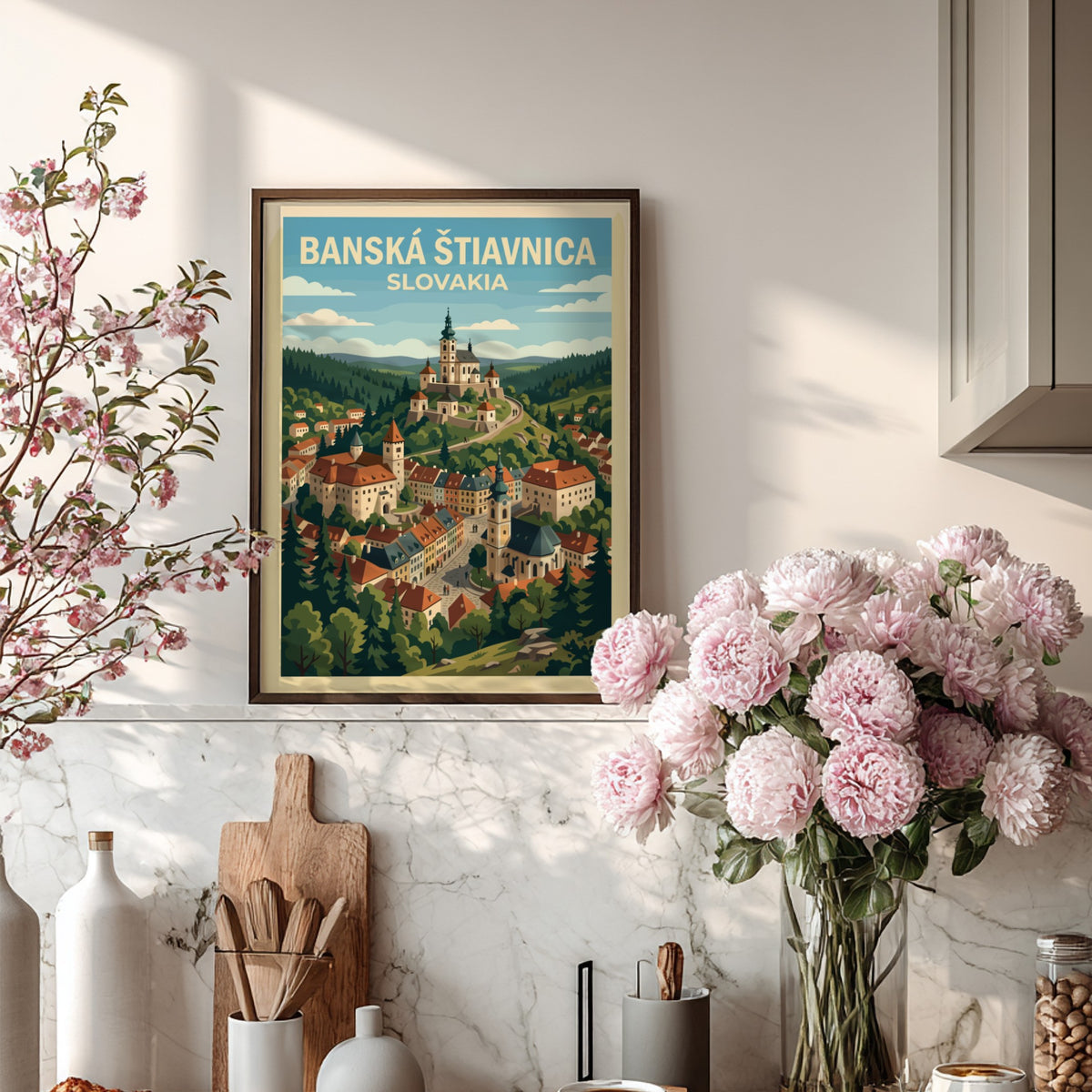 Poster of Banská Štiavnica Slovakia showing a historic town nestled in green hills