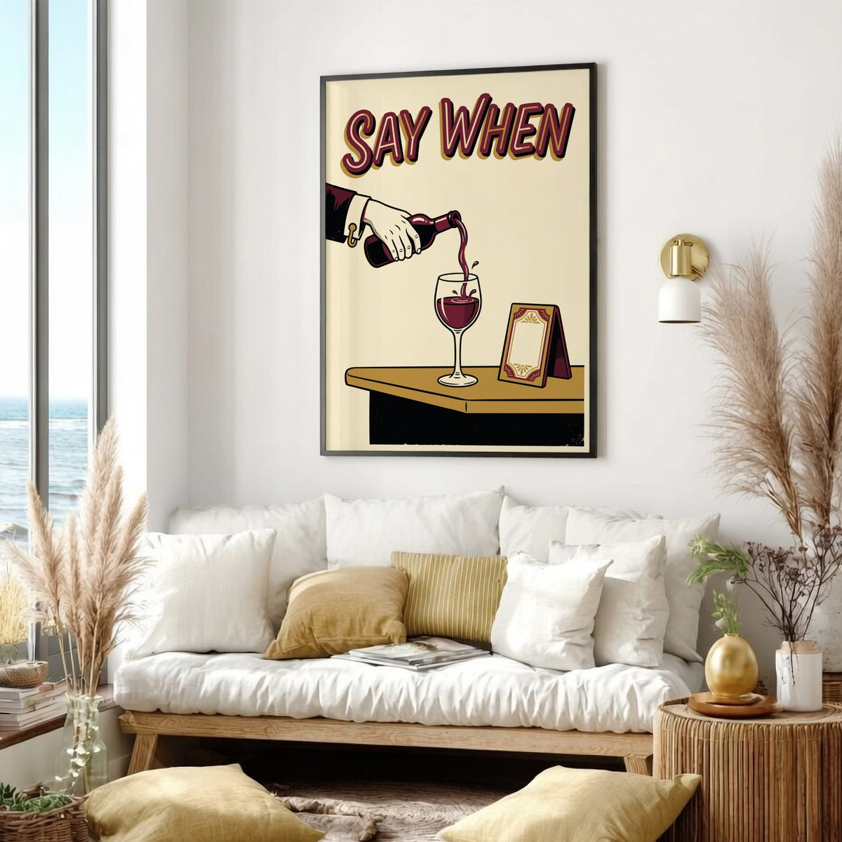 Poster featuring a hand pouring red wine into a glass with Say When text.