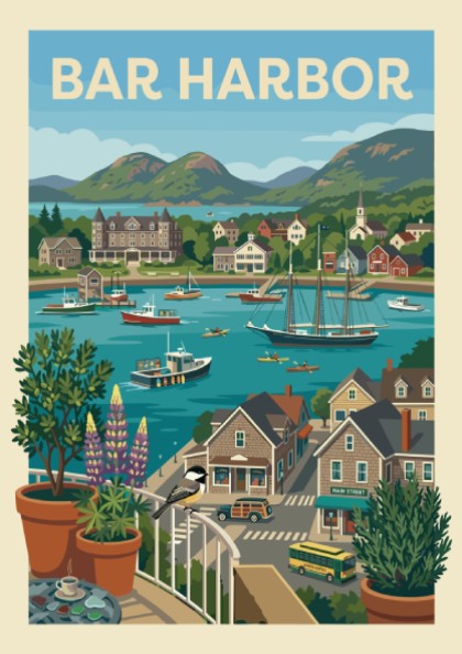 Bar Harbor harbor scene print with boats, buildings, and hills in a vintage travel poster style.