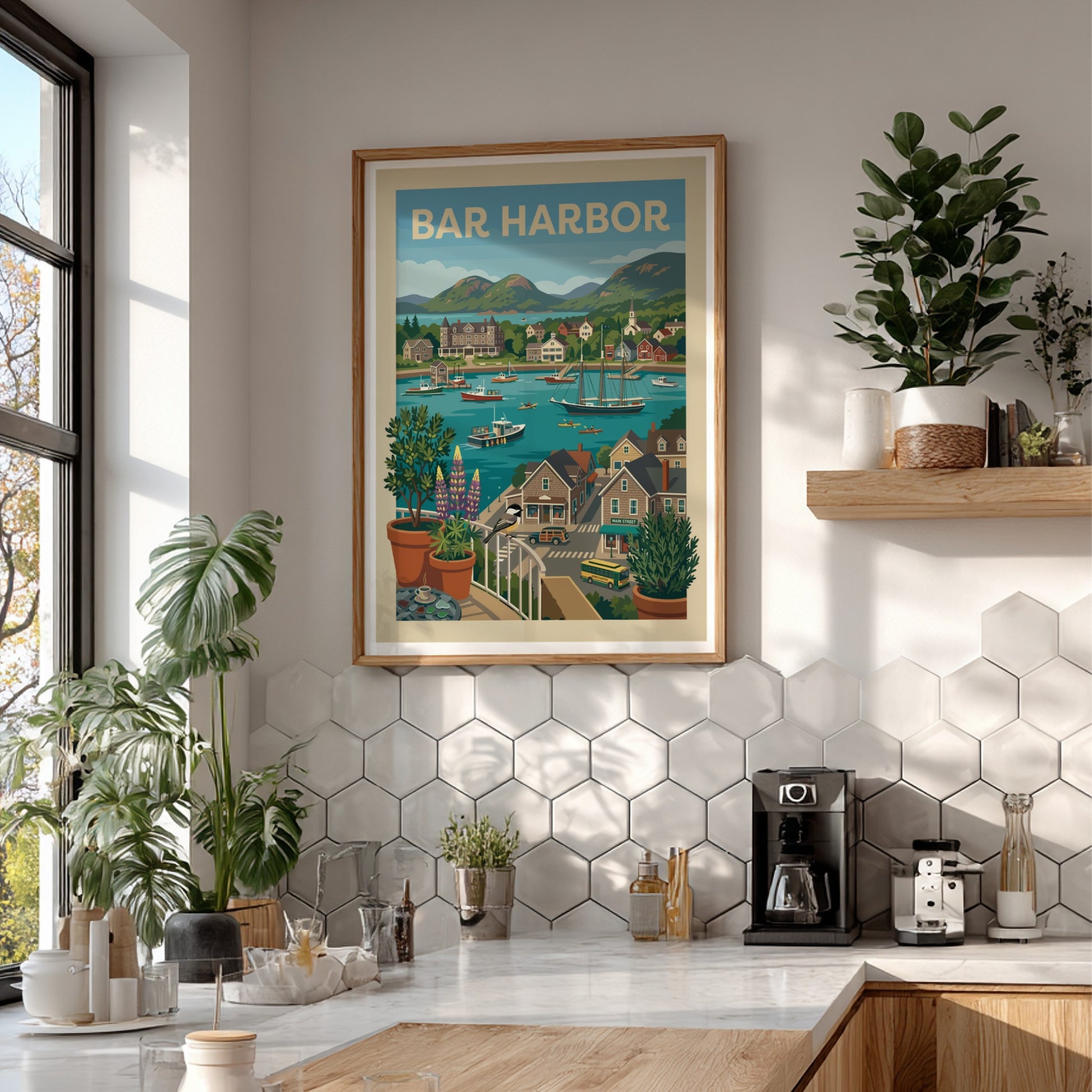 Bar Harbor harbor scene print with boats, buildings, and hills in a vintage travel poster style.