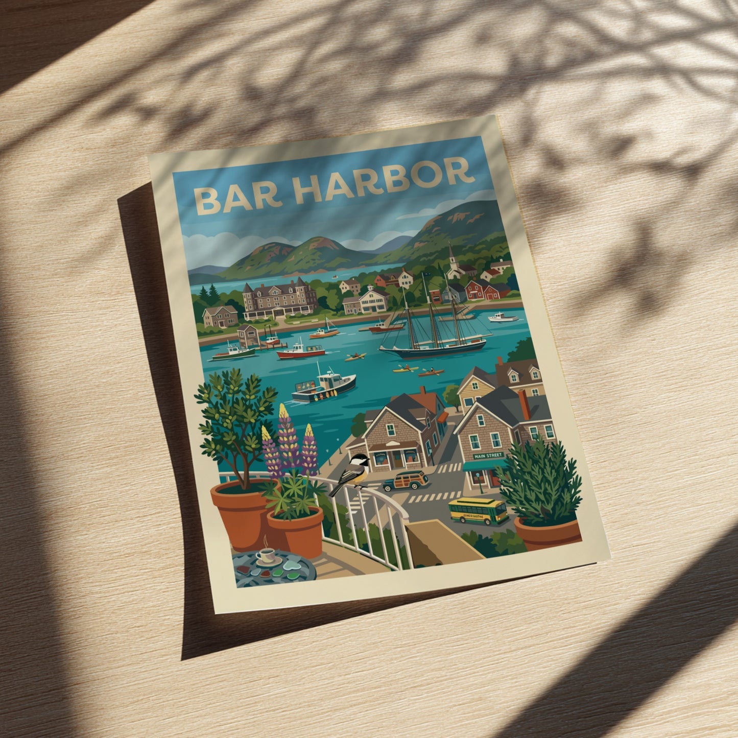 Bar Harbor harbor scene print with boats, buildings, and hills in a vintage travel poster style.