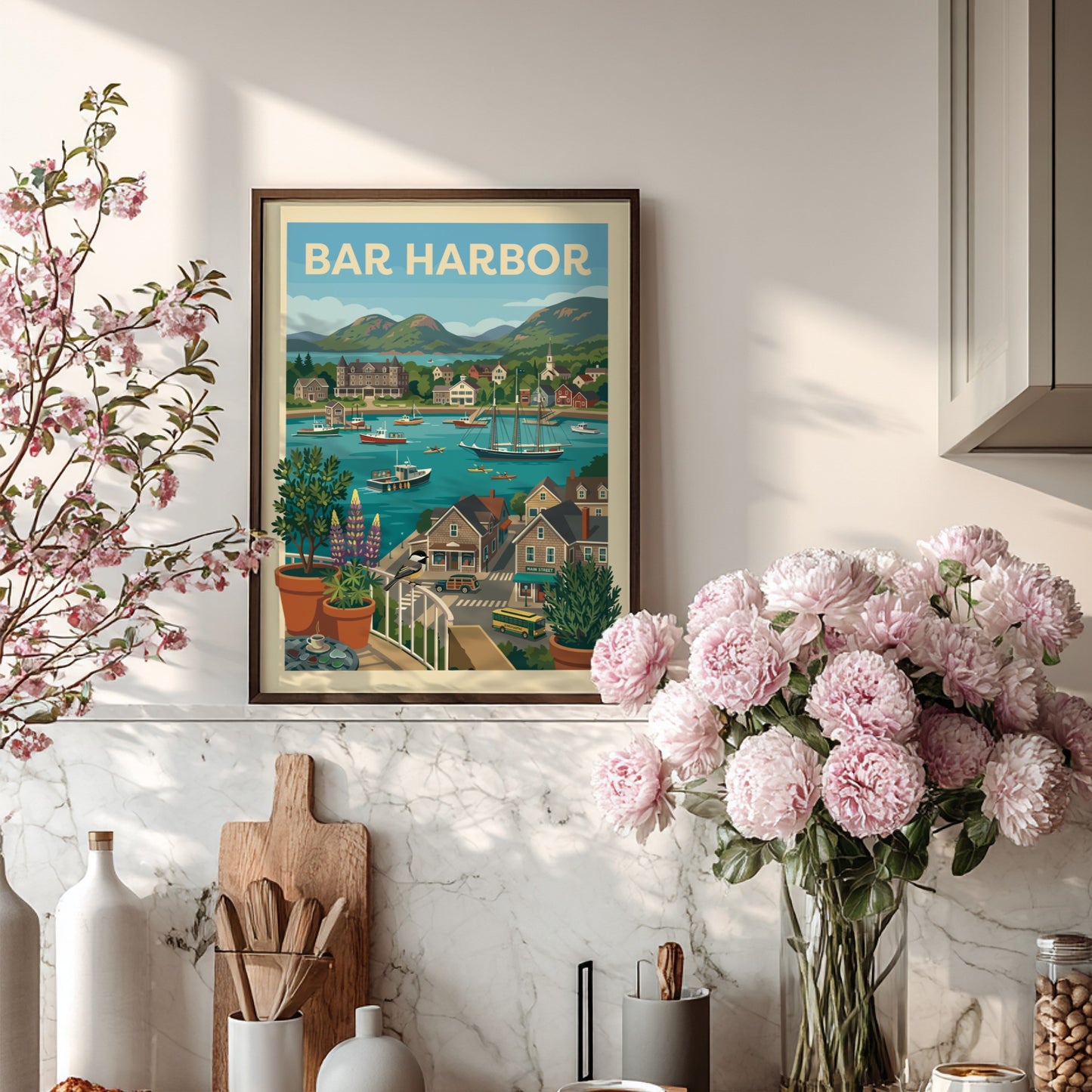 Bar Harbor harbor scene print with boats, buildings, and hills in a vintage travel poster style.