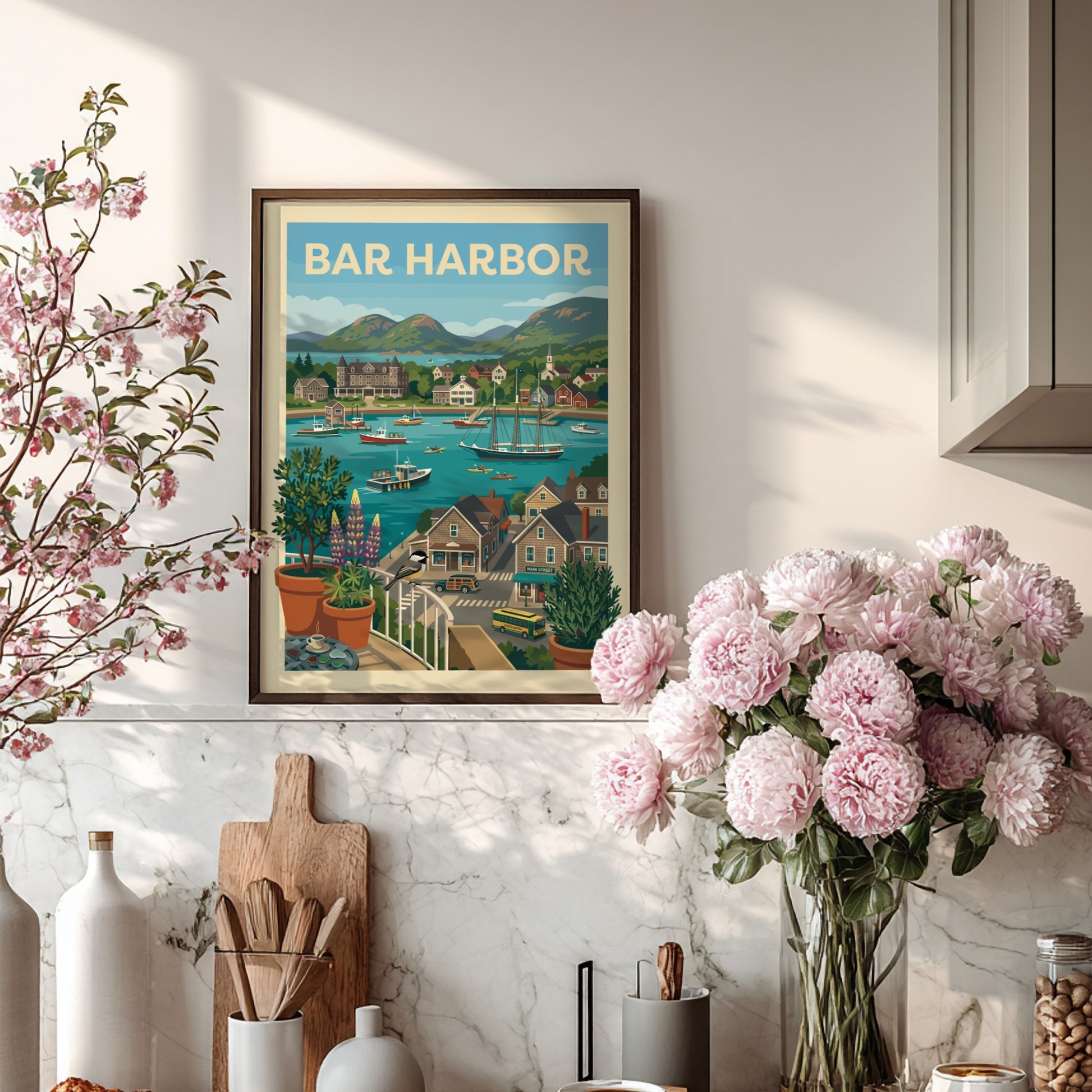 Bar Harbor harbor scene print with boats, buildings, and hills in a vintage travel poster style.