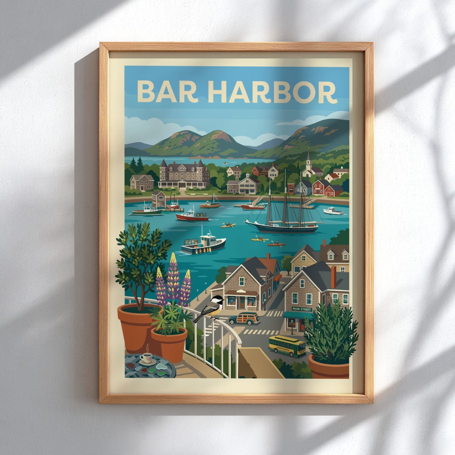 Bar Harbor harbor scene print with boats, buildings, and hills in a vintage travel poster style.