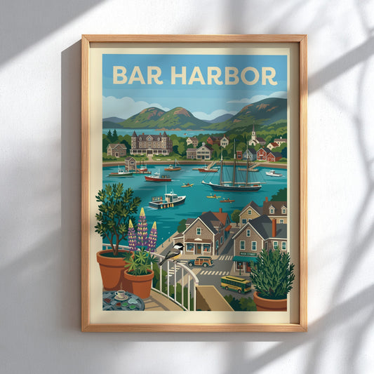 Bar Harbor harbor scene print with boats, buildings, and hills in a vintage travel poster style.