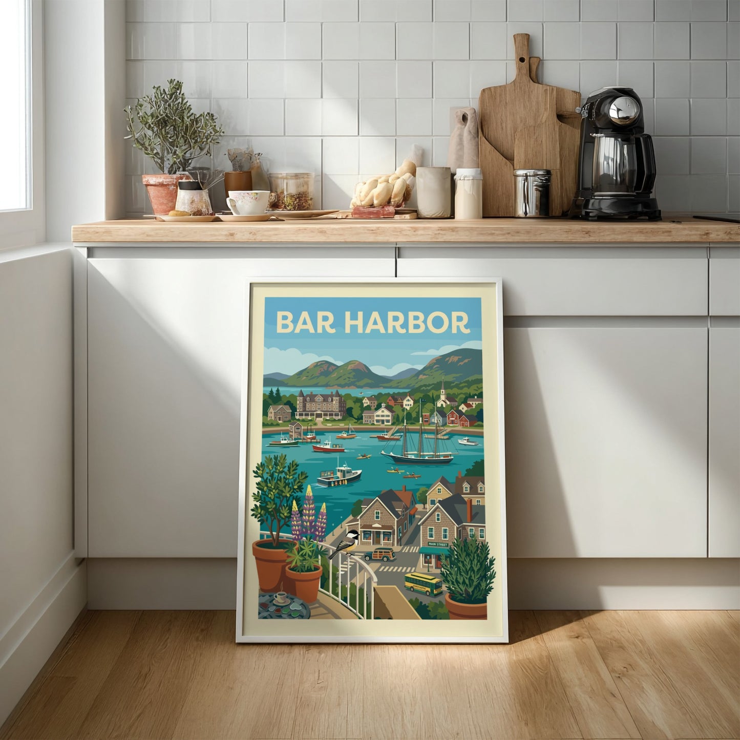 Bar Harbor harbor scene print with boats, buildings, and hills in a vintage travel poster style.
