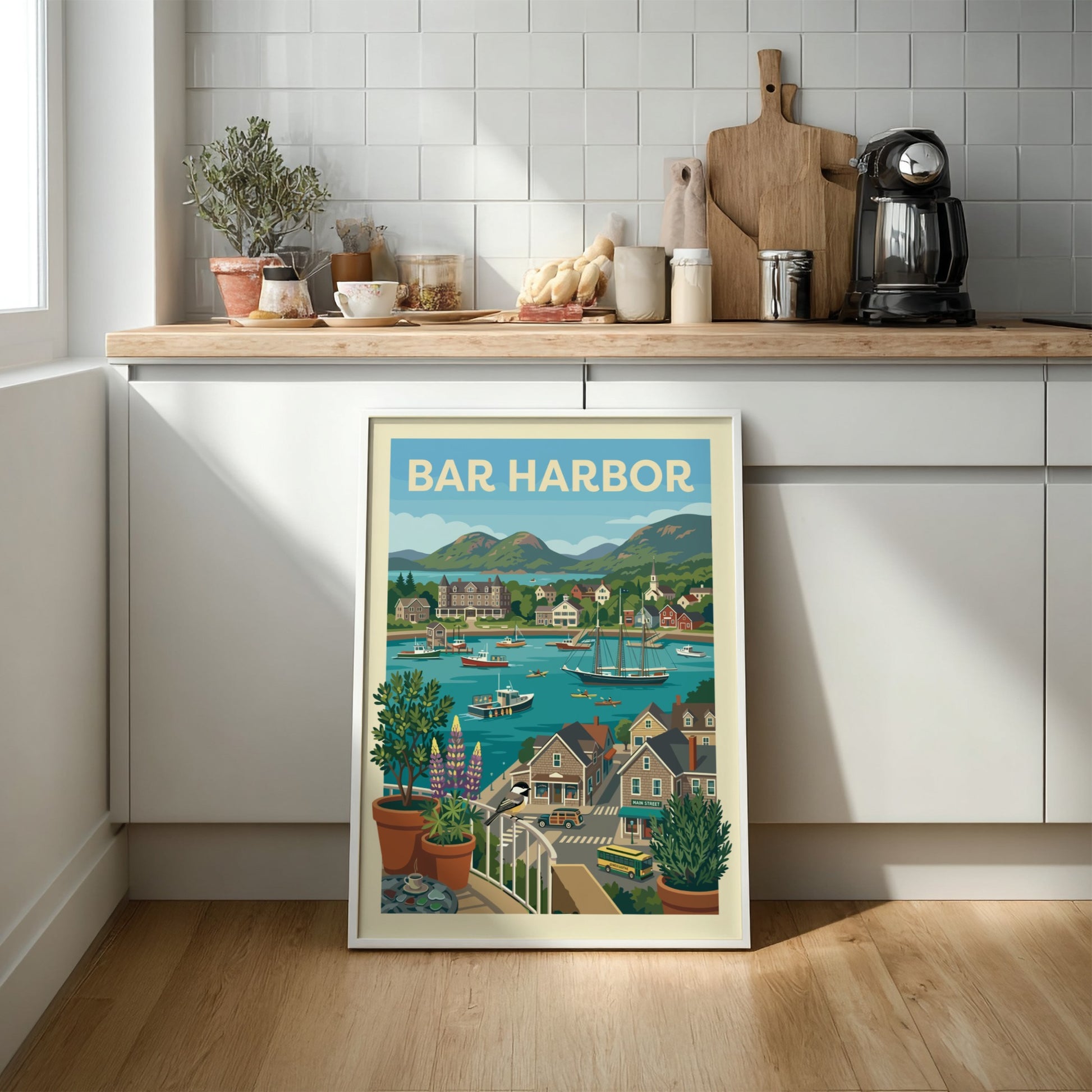 Bar Harbor harbor scene print with boats, buildings, and hills in a vintage travel poster style.