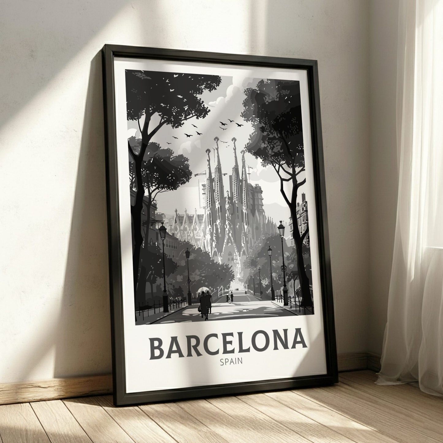 Barcelona black and white travel poster on a black frame 