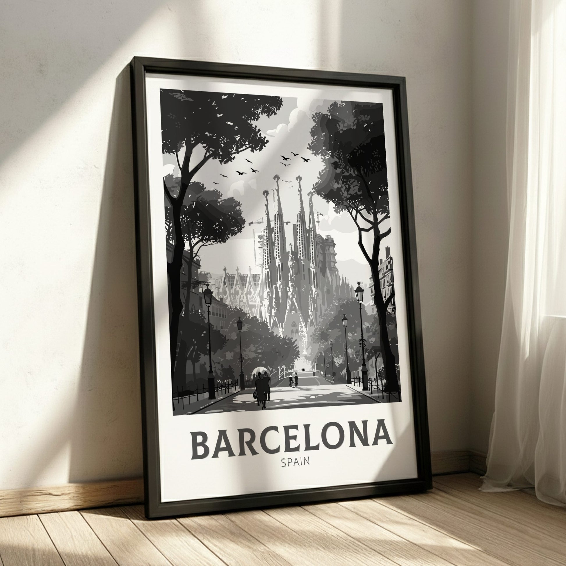 Barcelona black and white travel poster on a black frame 