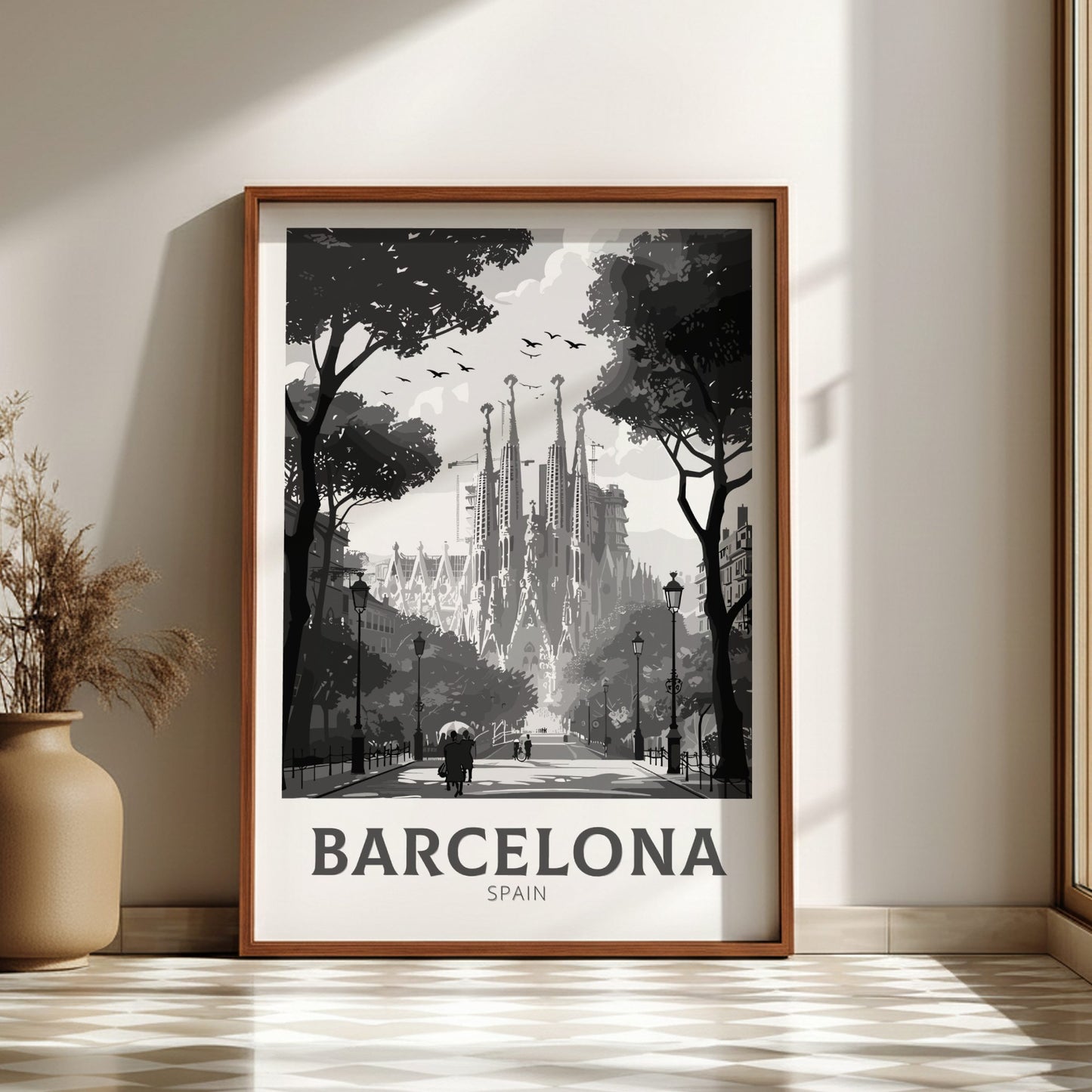 Barcelona black and white travel poster on a dark wood frame 