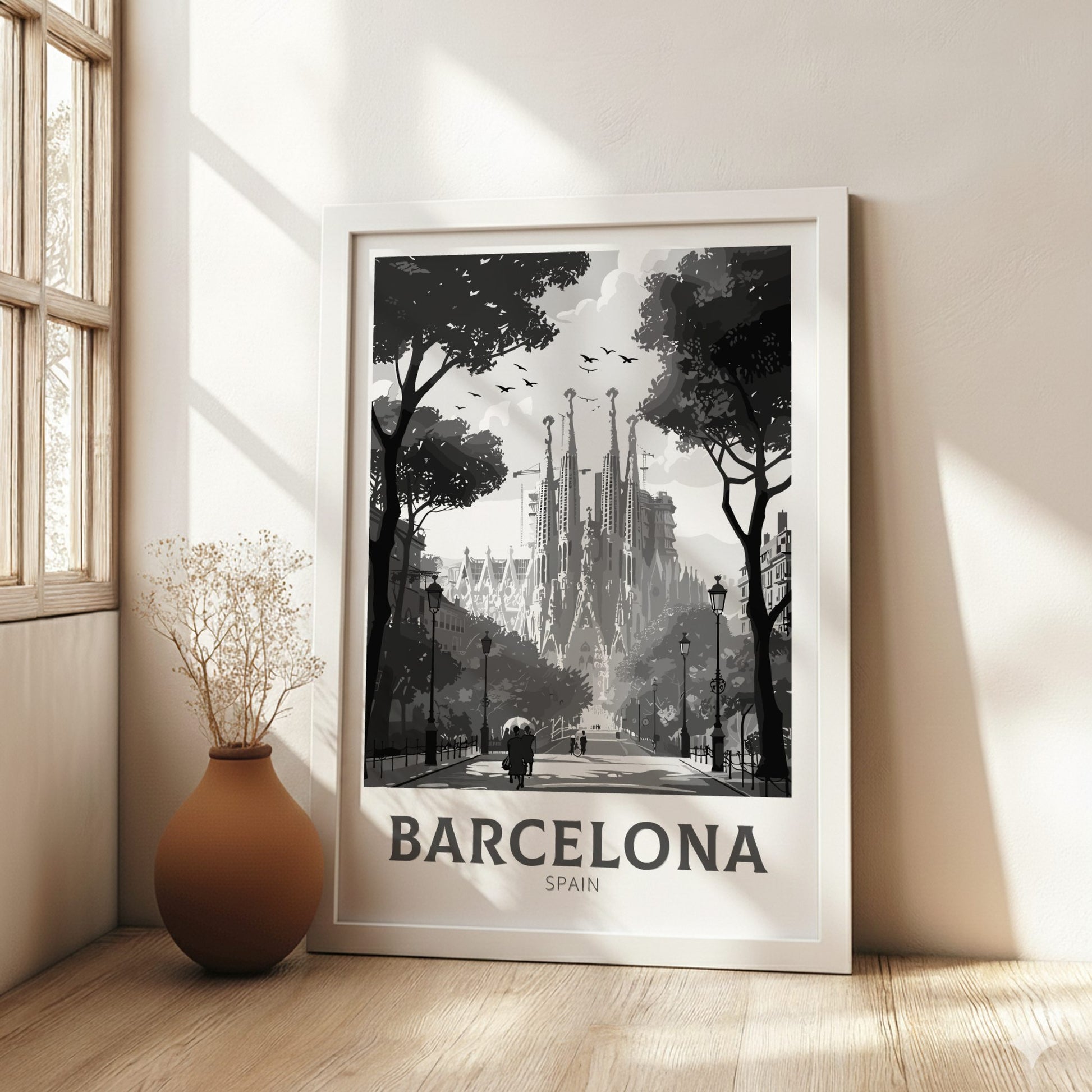 Barcelona black and white travel poster on a white frame 