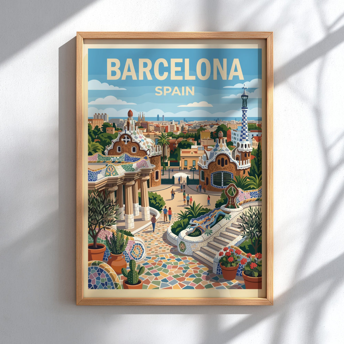 Travel poster of Barcelona Spain featuring Park Guell architecture with mosaic lizard and cityscape