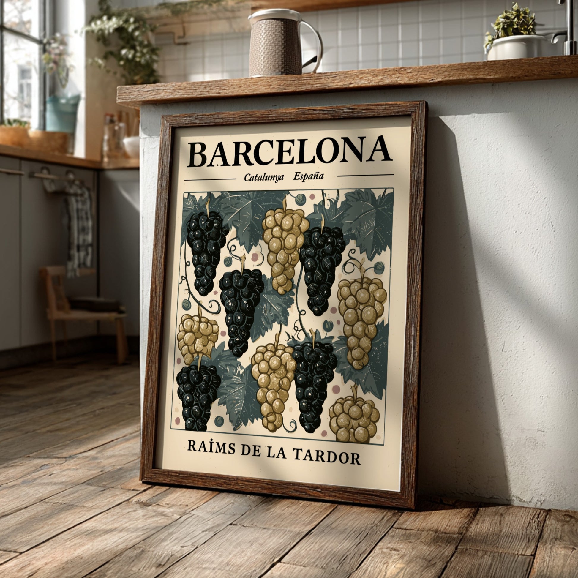 Grape kitchen poster featuring purple and gold grapes in vintage style for wall decor