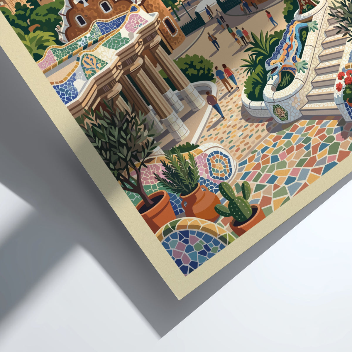 Travel poster of Barcelona Spain featuring Park Guell architecture with mosaic lizard and cityscape