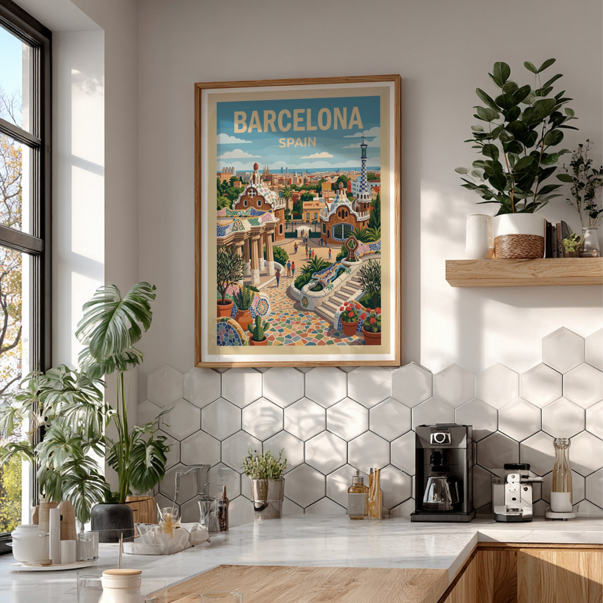 Travel poster of Barcelona Spain featuring Park Guell architecture with mosaic lizard and cityscape