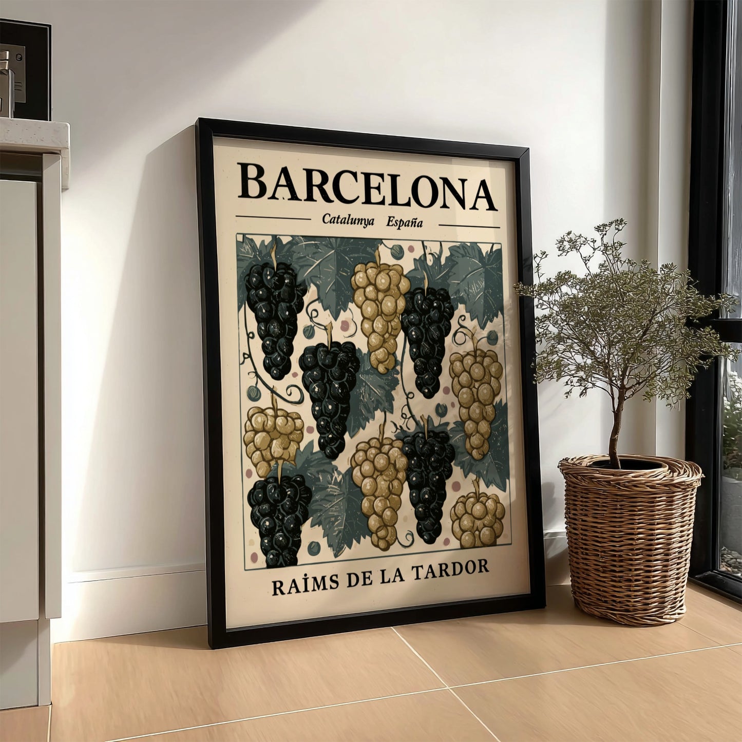 Grape kitchen poster featuring purple and gold grapes in vintage style for wall decor