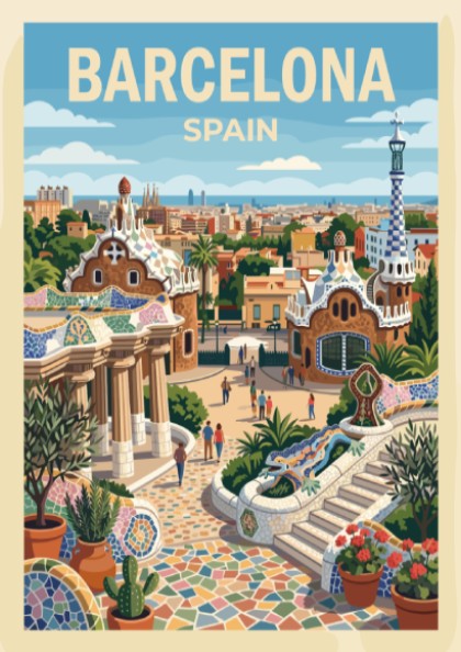 Travel poster of Barcelona Spain featuring Park Guell architecture with mosaic lizard and cityscape