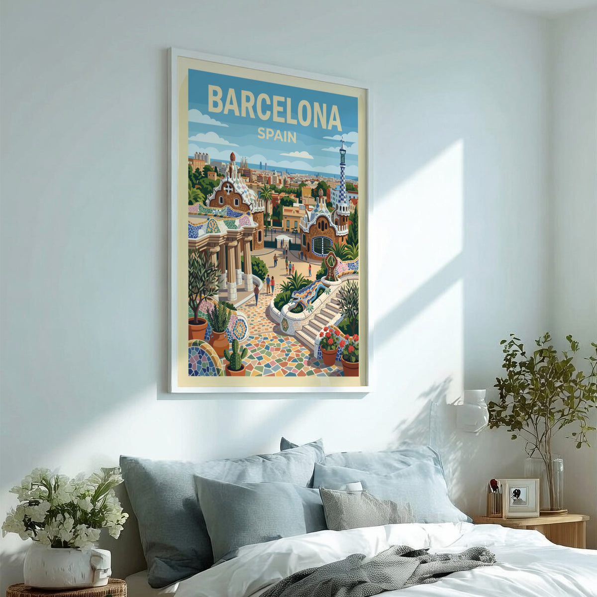 Travel poster of Barcelona Spain featuring Park Guell architecture with mosaic lizard and cityscape