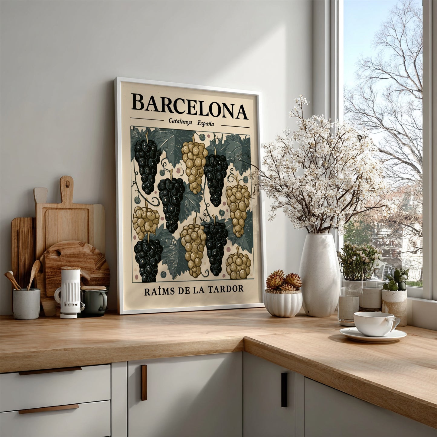 Grape kitchen poster featuring purple and gold grapes in vintage style for wall decor