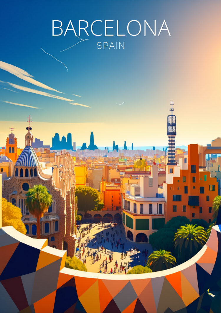 Europe BARCELONA TRAVEL POSTER - PARK GUELL ARTWORK