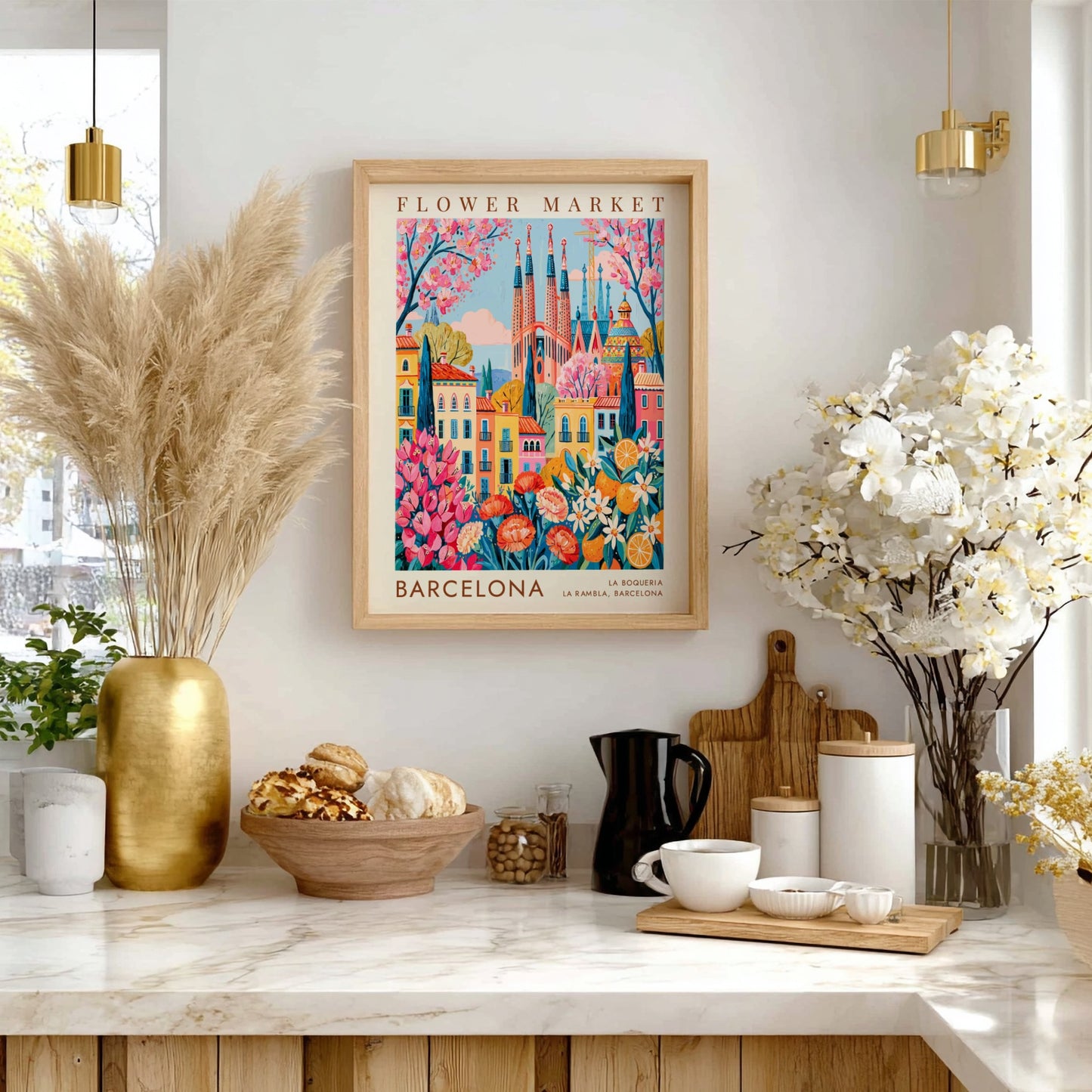Vibrant travel poster featuring a flower market and colorful city buildings in Barcelona