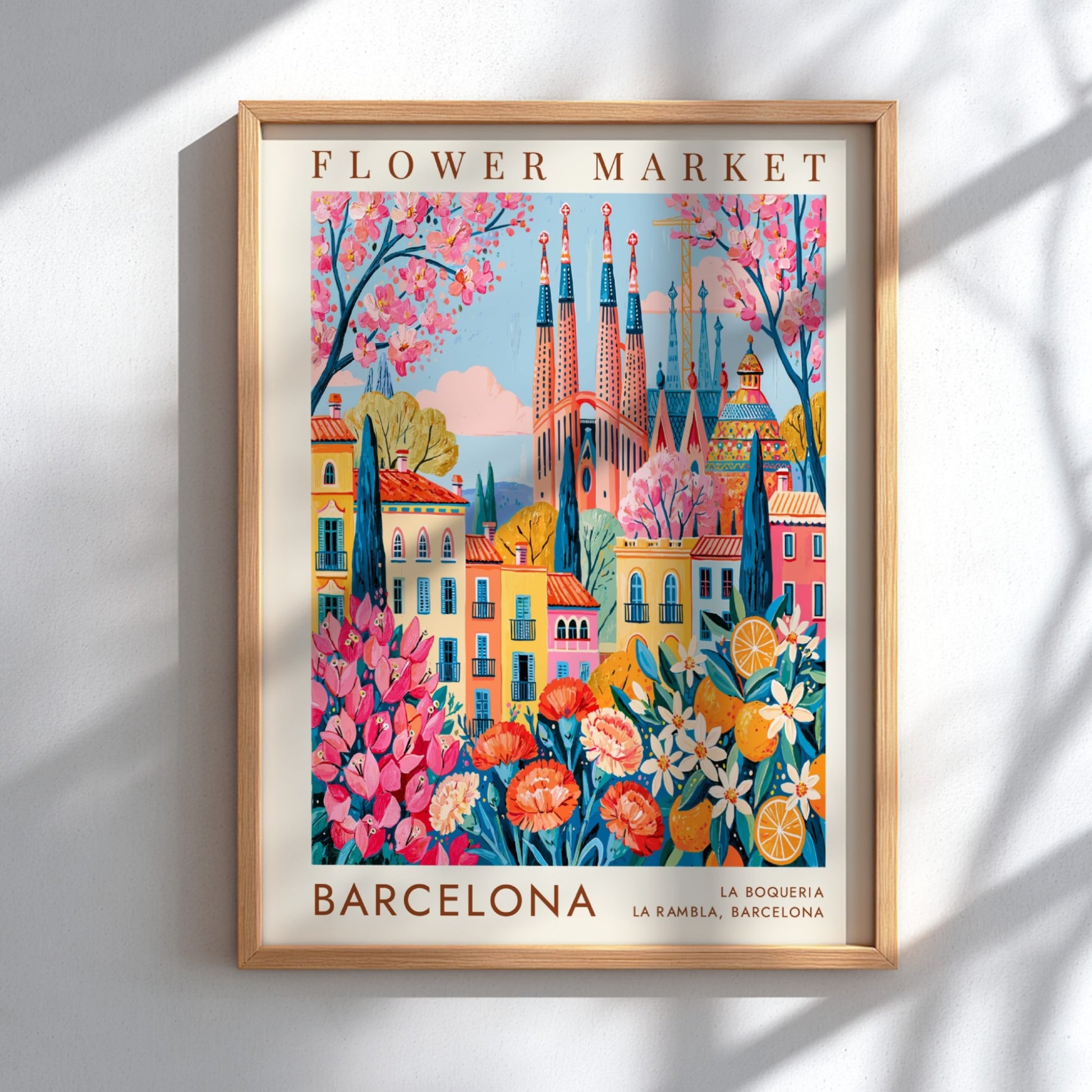Vibrant travel poster featuring a flower market and colorful city buildings in Barcelona