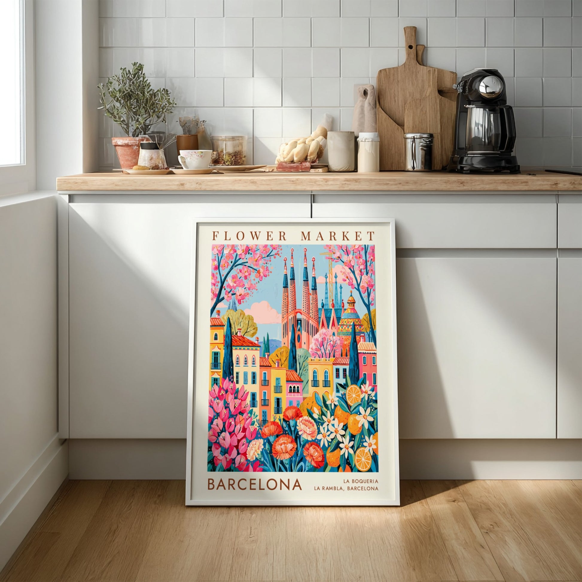 Vibrant travel poster featuring a flower market and colorful city buildings in Barcelona