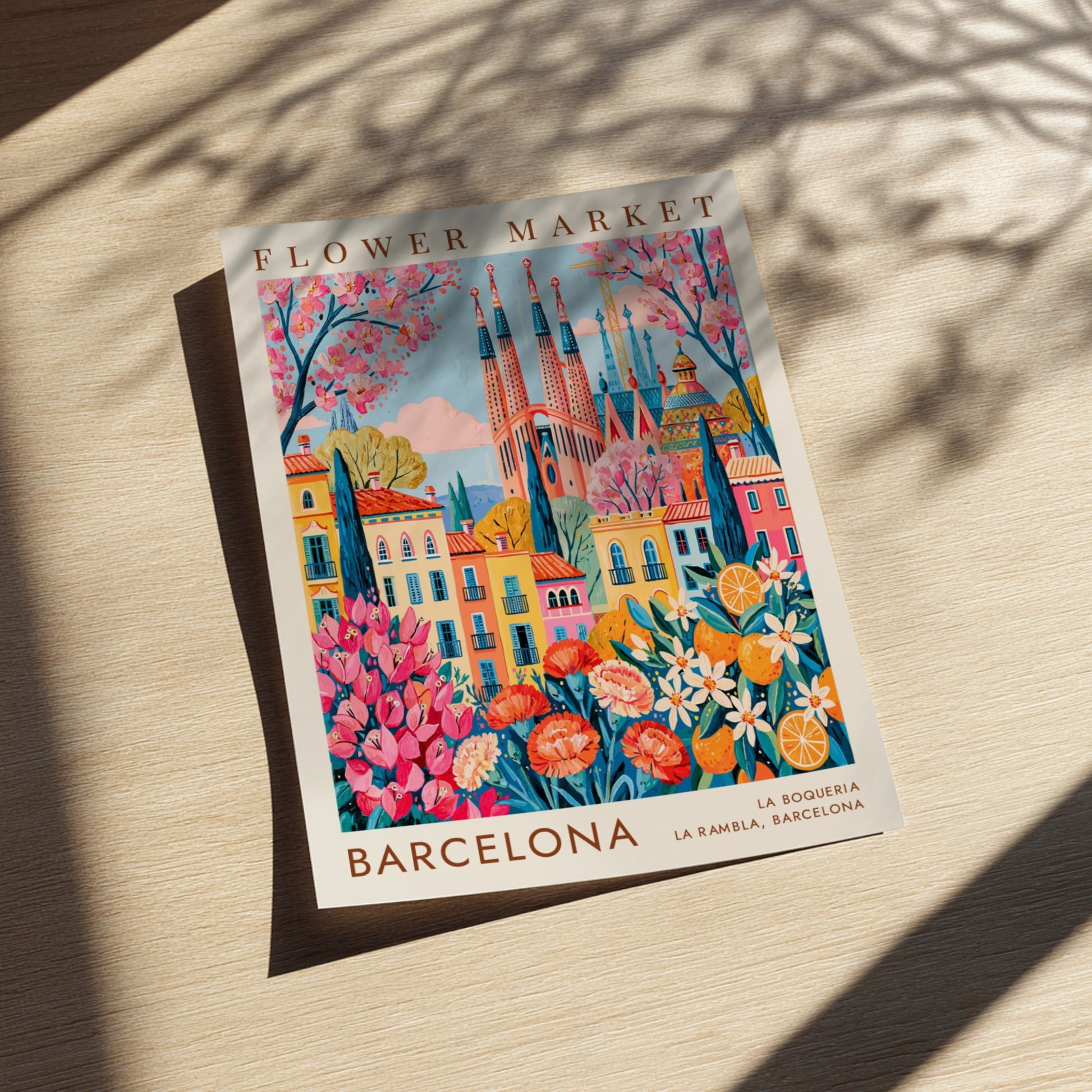 Vibrant travel poster featuring a flower market and colorful city buildings in Barcelona