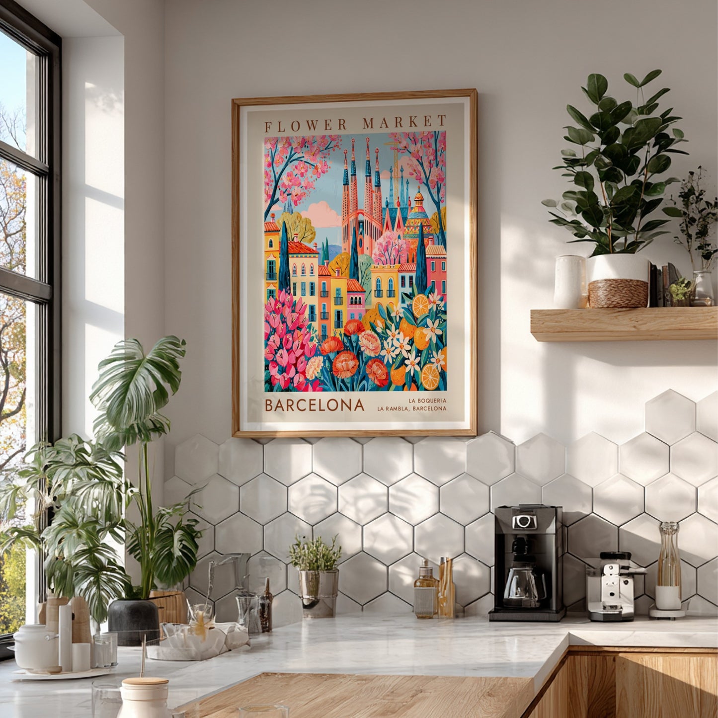 Vibrant travel poster featuring a flower market and colorful city buildings in Barcelona